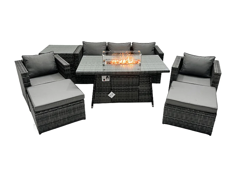 Ensemble de meubles de jardin en rotin ave Table de foyer à gaz 7 places Ensemble de canapés avec Table d'appoint 2 Grand tabourets