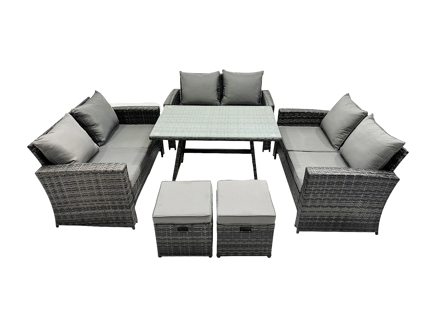 Garten Sofa im Freien Set Polyrattan Gartenmöbel Set mit Rechteckiger Esstisch 2 Seat Sofa 2 kleine Fußhockern Dunkelgrau Gemischt