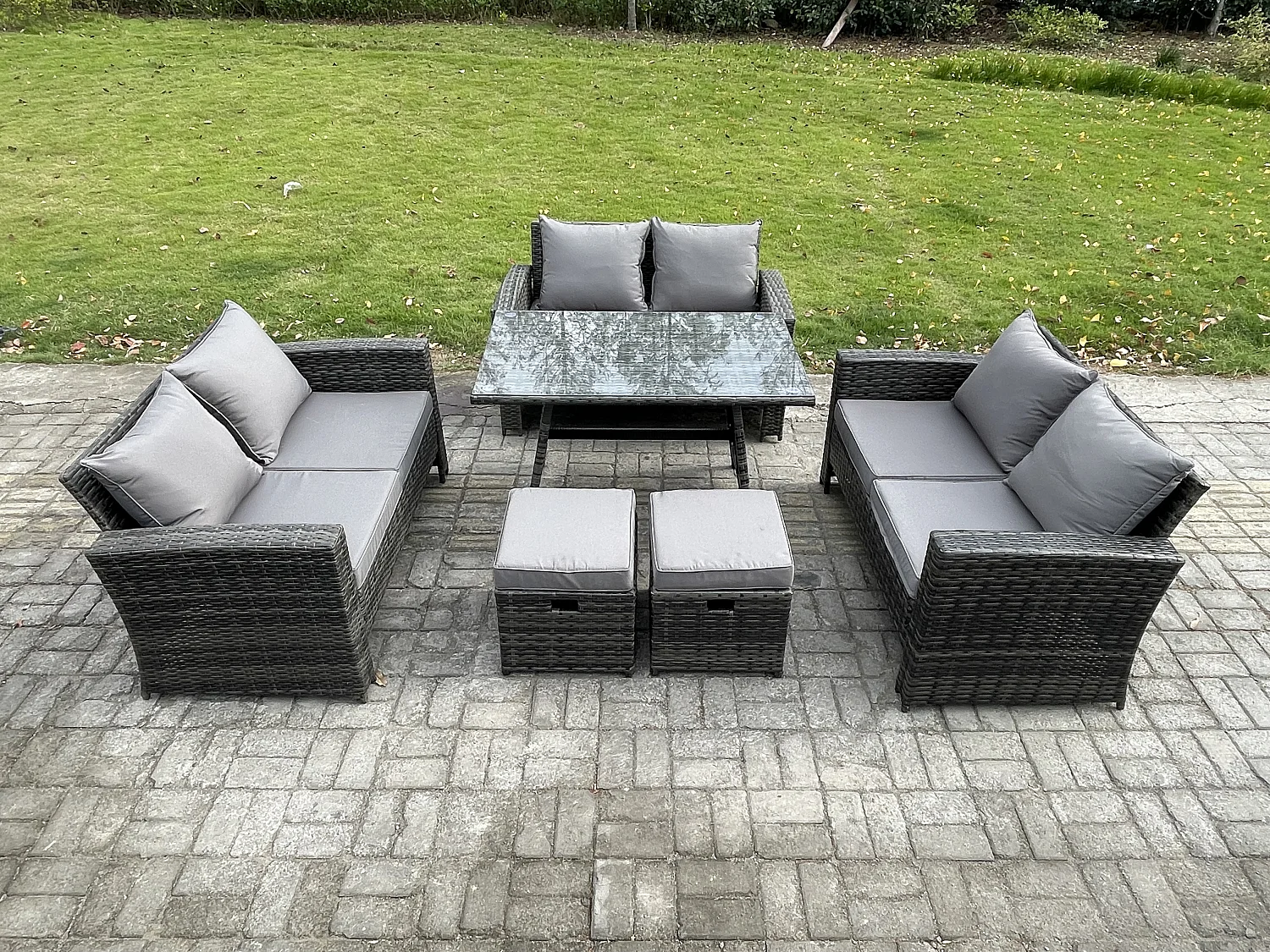Garten Sofa im Freien Set Polyrattan Gartenmöbel Set mit Rechteckiger Esstisch 2 Seat Sofa 2 kleine Fußhockern Dunkelgrau Gemischt