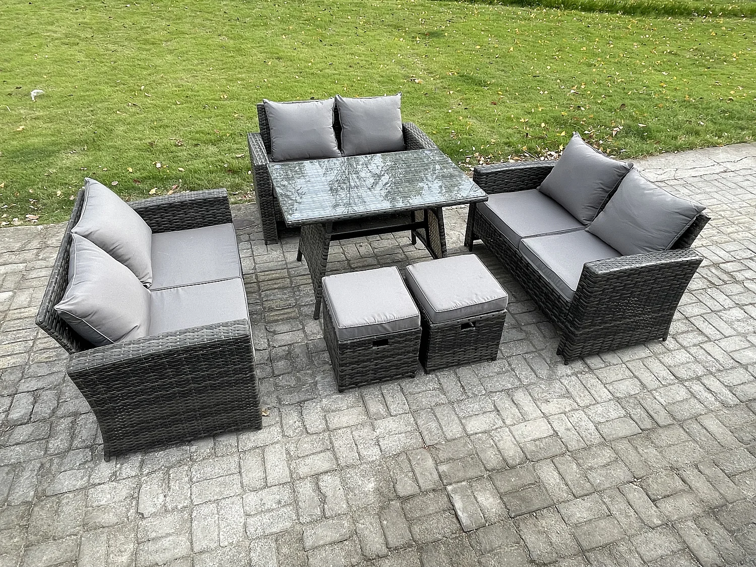 Garten Sofa im Freien Set Polyrattan Gartenmöbel Set mit Rechteckiger Esstisch 2 Seat Sofa 2 kleine Fußhockern Dunkelgrau Gemischt