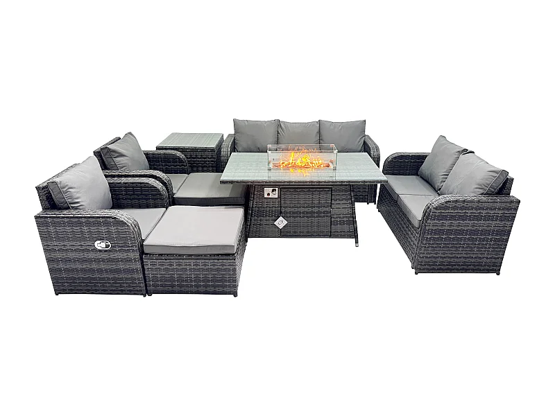 9-Sitzer Polyrattan Gartenmöbelset Gasfeuerstelle Esstisch und Sofa Sessel set mit Beistelltisch 2 hohen Hockern