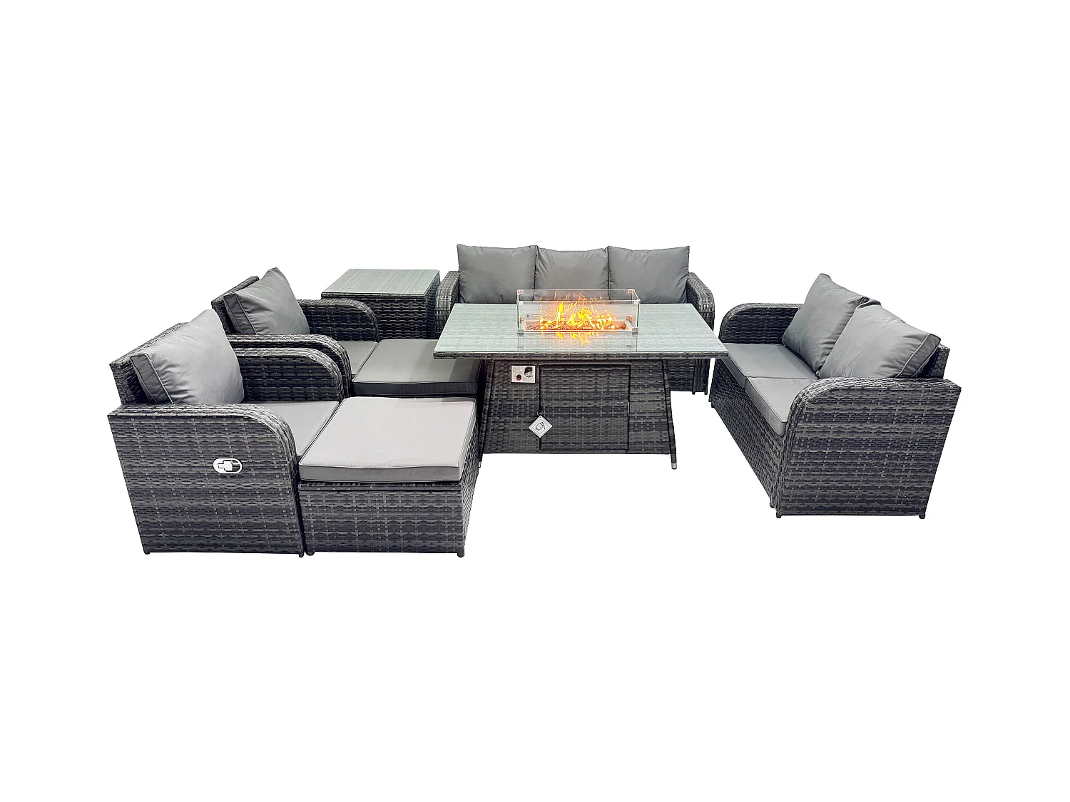 9-Sitzer Polyrattan Gartenmöbelset Gasfeuerstelle Esstisch und Sofa Sessel set mit Beistelltisch 2 hohen Hockern