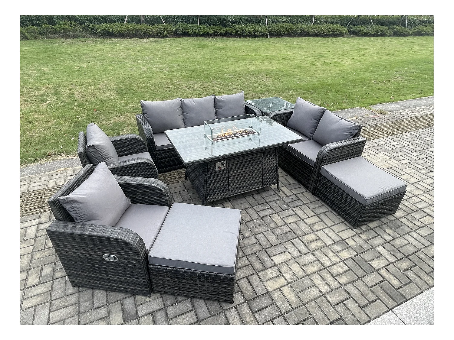 9-Sitzer Polyrattan Gartenmöbelset Gasfeuerstelle Esstisch und Sofa Sessel set mit Beistelltisch 2 hohen Hockern