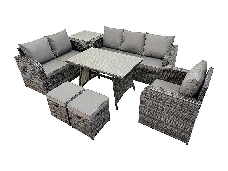 8-Sitzer Polyrattan Gartenmöbelset Garten Lounge Set mit Esstisch Beistelltisch 2 kleine Fußhockern Dunkelgrau Gemischt