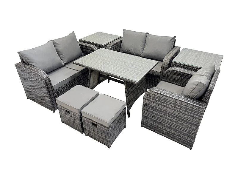 7-Sitzer Polyrattan Gartenmöbel Set mit Esstisch Sesseln Love Sofa 2 kleine Fußhockern 2 Beistelltischen Dunkelgrau Gemischt