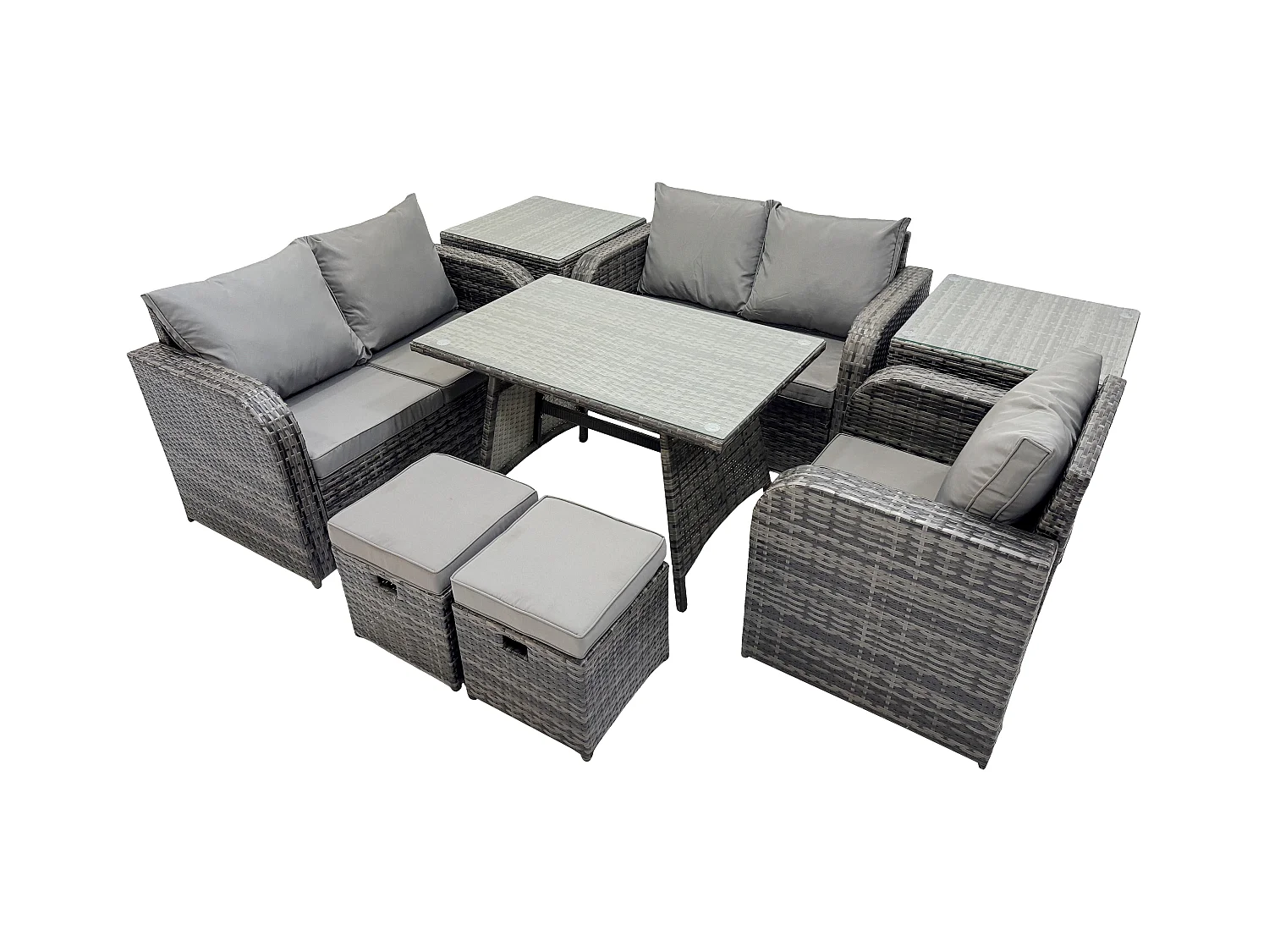 7-Sitzer Polyrattan Gartenmöbel Set mit Esstisch Sesseln Love Sofa 2 kleine Fußhockern 2 Beistelltischen Dunkelgrau Gemischt