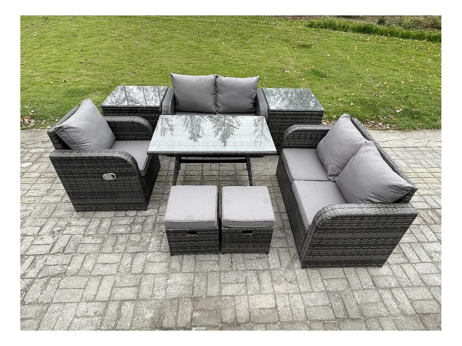 7-Sitzer Polyrattan Gartenmöbel Set mit Esstisch Sesseln Love Sofa 2 kleine Fußhockern 2 Beistelltischen Dunkelgrau Gemischt