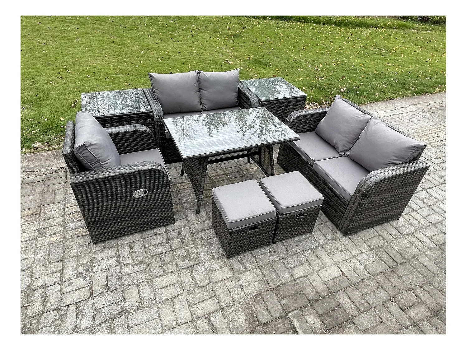 7-Sitzer Polyrattan Gartenmöbel Set mit Esstisch Sesseln Love Sofa 2 kleine Fußhockern 2 Beistelltischen Dunkelgrau Gemischt
