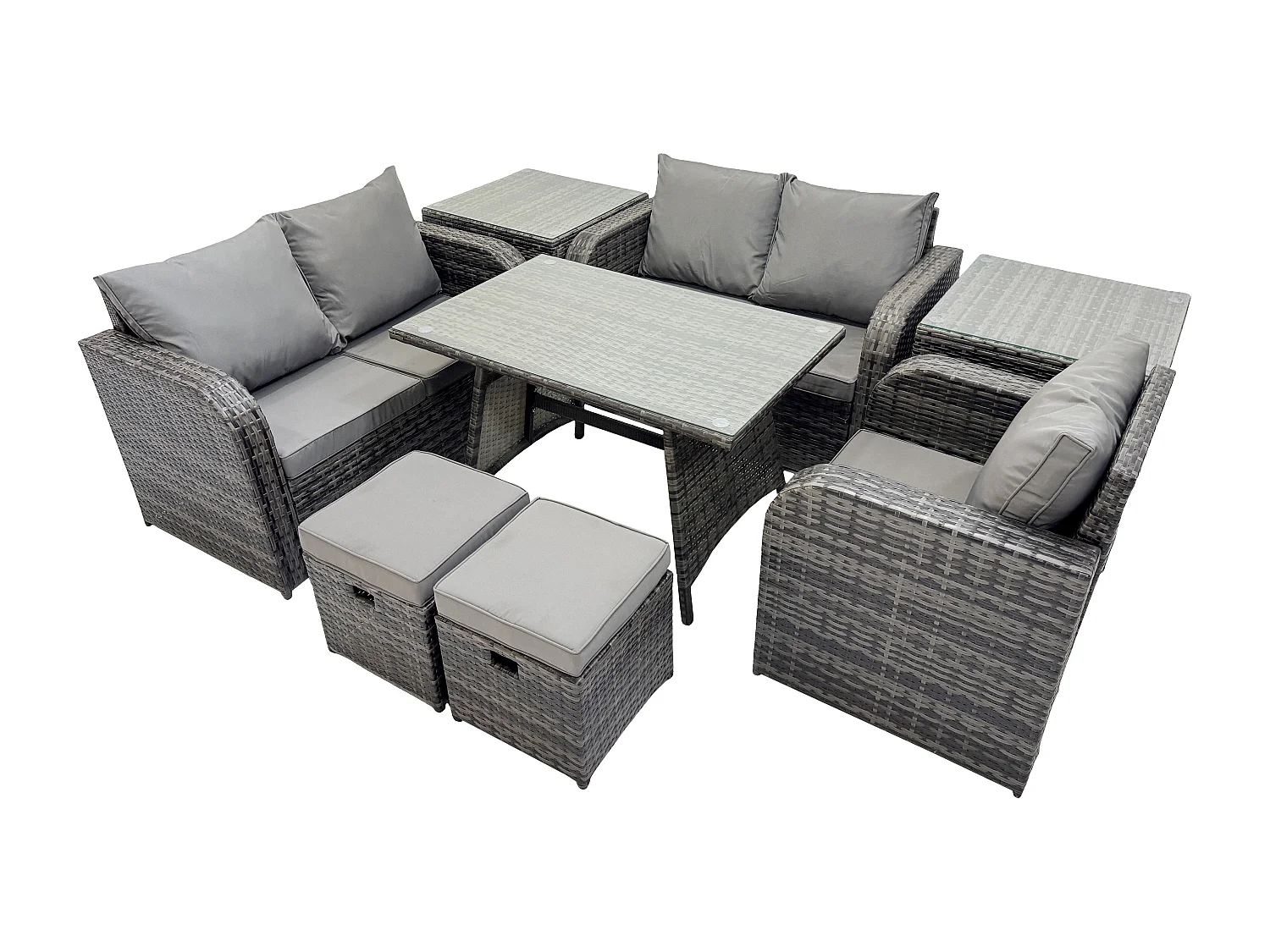 7-Sitzer Polyrattan Gartenmöbel Set mit Esstisch Sesseln Love Sofa 2 kleine Fußhockern 2 Beistelltischen Dunkelgrau Gemischt