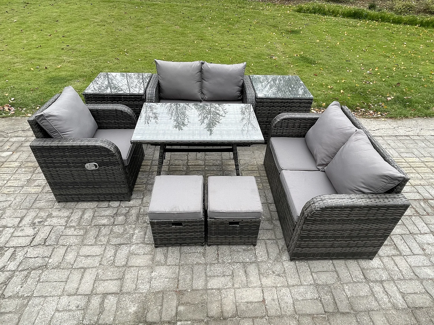 7-Sitzer Polyrattan Gartenmöbel Set mit Esstisch Sesseln Love Sofa 2 kleine Fußhockern 2 Beistelltischen Dunkelgrau Gemischt