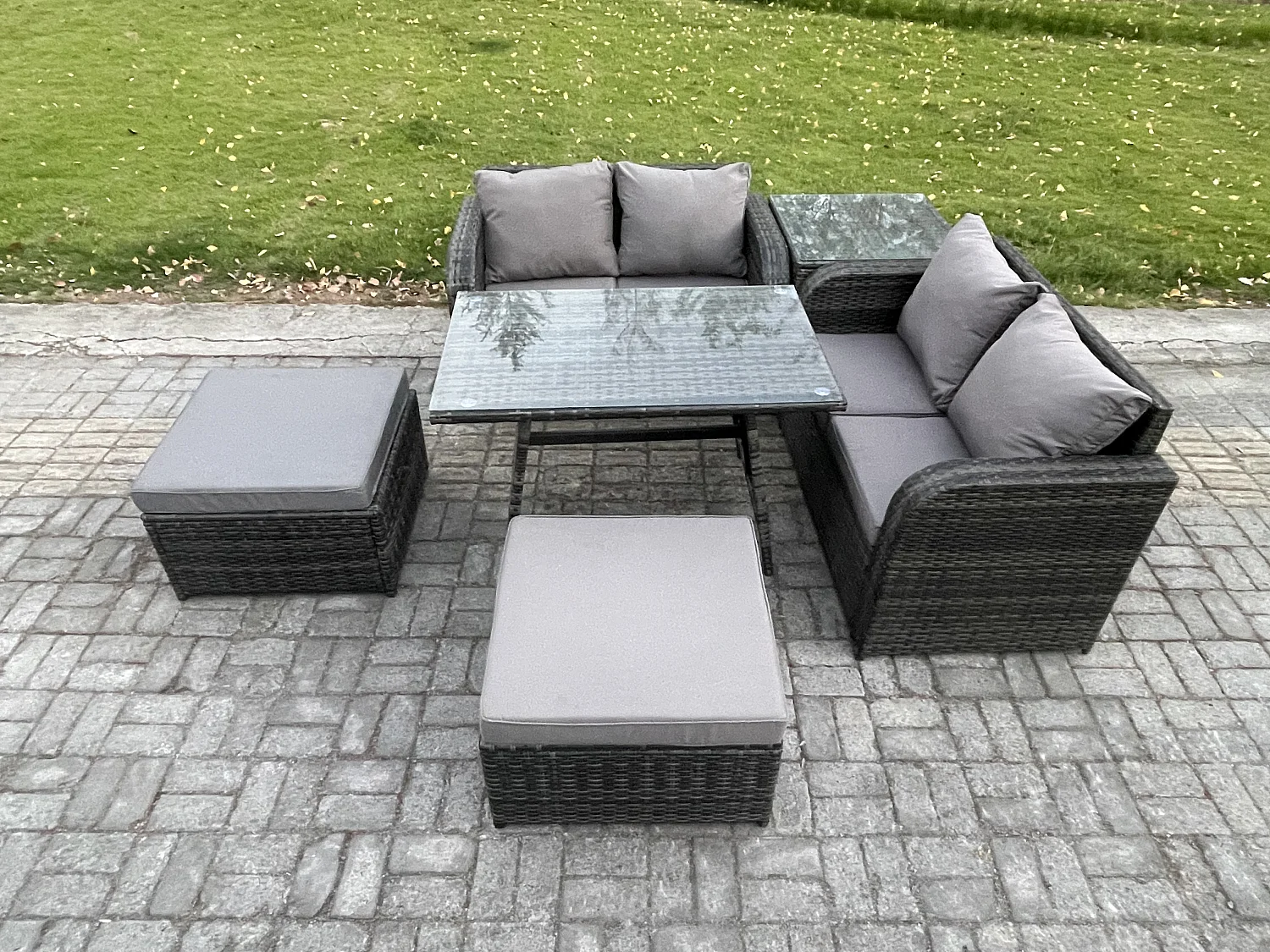 Ensembles de meubles de jardin 6 places avec 2 Grand tabourets Table d'appoint Gris foncé mixte
