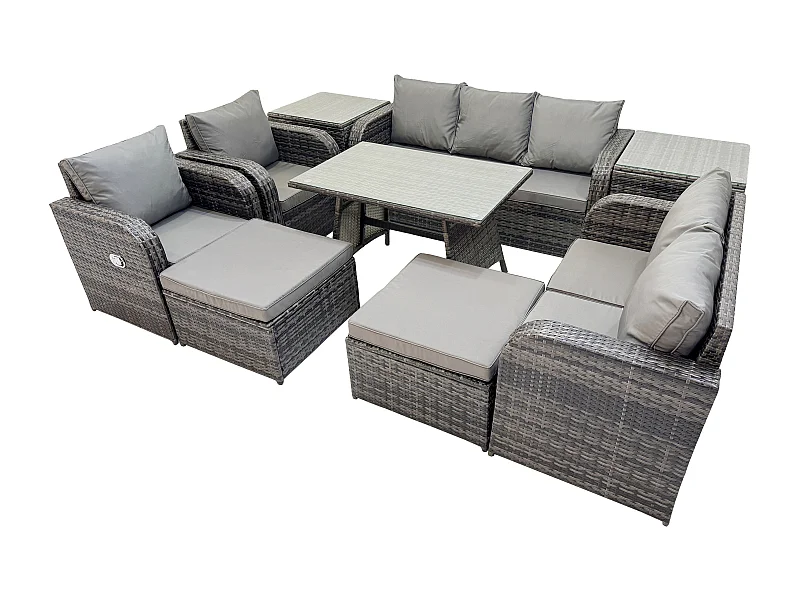 Salon de jardin exterieur 9 places Ensemble de canapés en rotin avec Table à manger 2 Grand tabourets 2 Tables d'appoint Gris foncé mixte