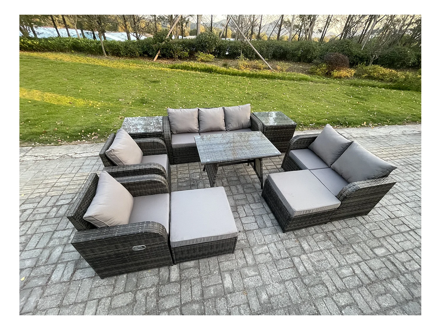 Salon de jardin exterieur 9 places Ensemble de canapés en rotin avec Table à manger 2 Grand tabourets 2 Tables d'appoint Gris foncé mixte