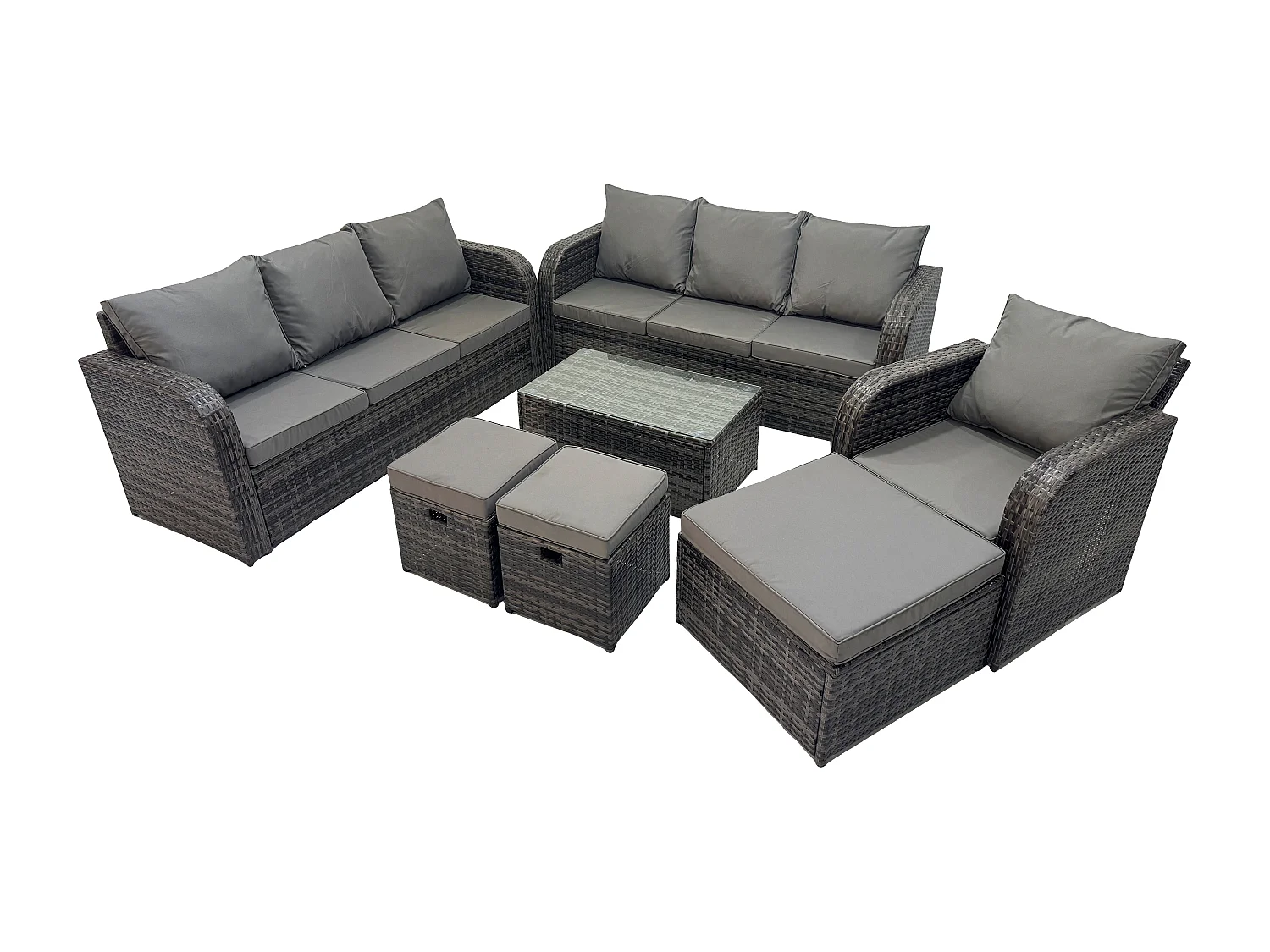 10-Sitzer Rattan Lounge Sofa Set Gartenmöbel-Set mit Rechteckiger Couchtisch 3-Sitzer Sofa 3 Hockern Dunkelgrau Gemischt