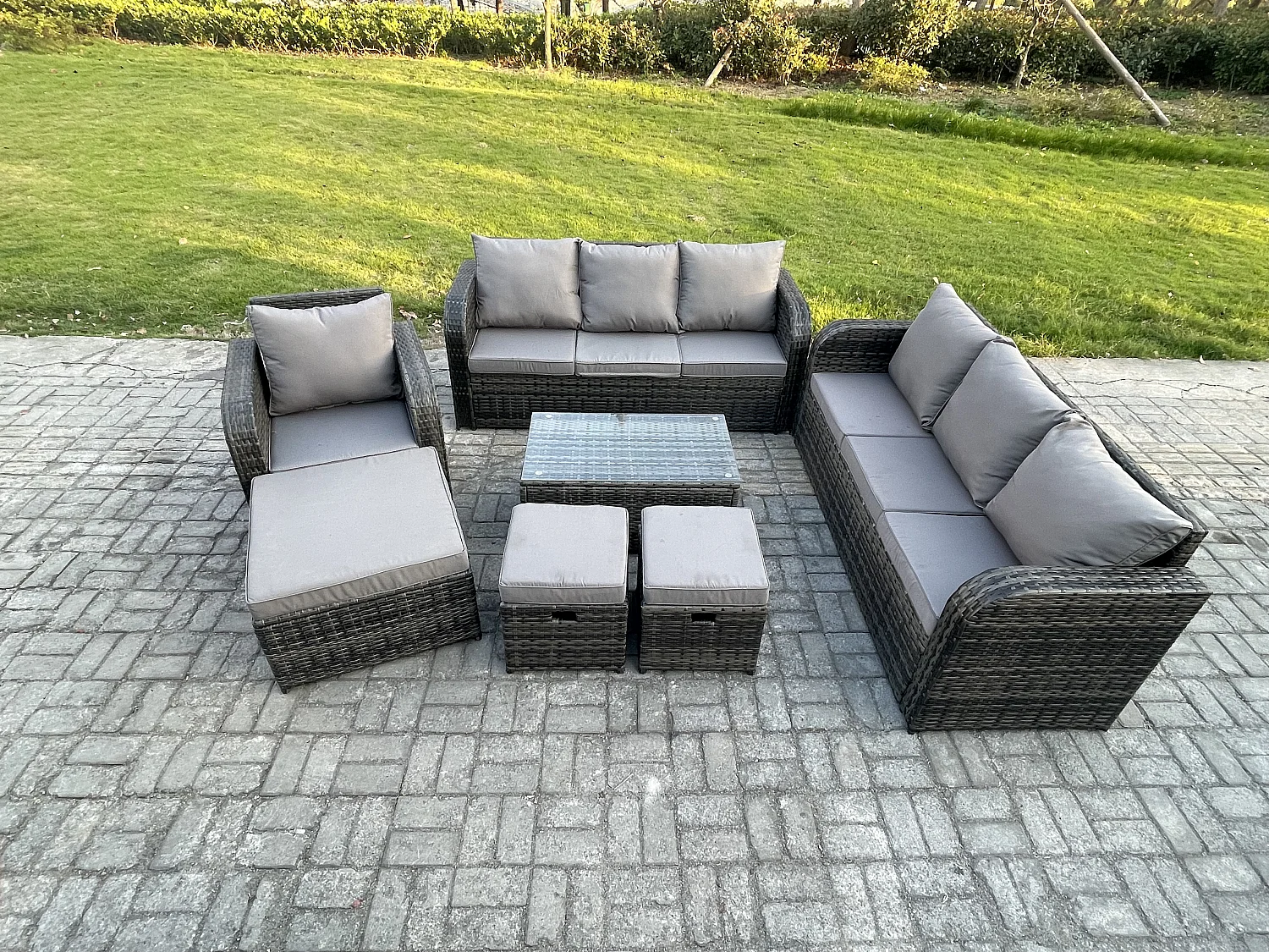 10-Sitzer Rattan Lounge Sofa Set Gartenmöbel-Set mit Rechteckiger Couchtisch 3-Sitzer Sofa 3 Hockern Dunkelgrau Gemischt