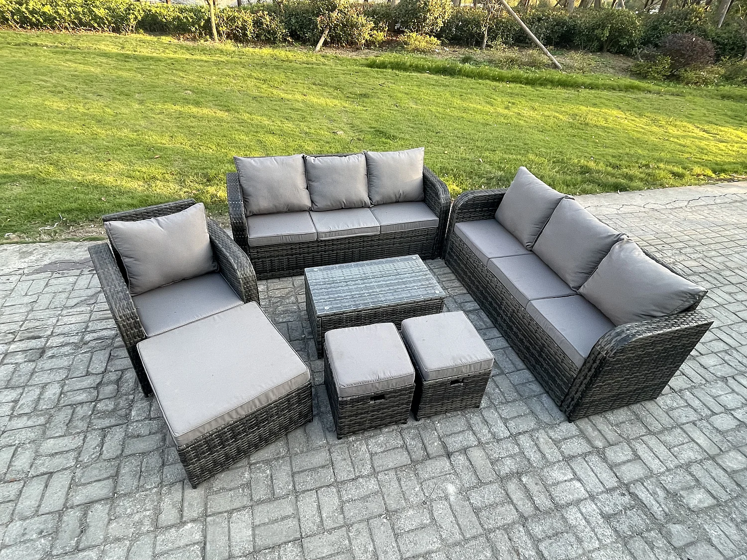 10-Sitzer Rattan Lounge Sofa Set Gartenmöbel-Set mit Rechteckiger Couchtisch 3-Sitzer Sofa 3 Hockern Dunkelgrau Gemischt