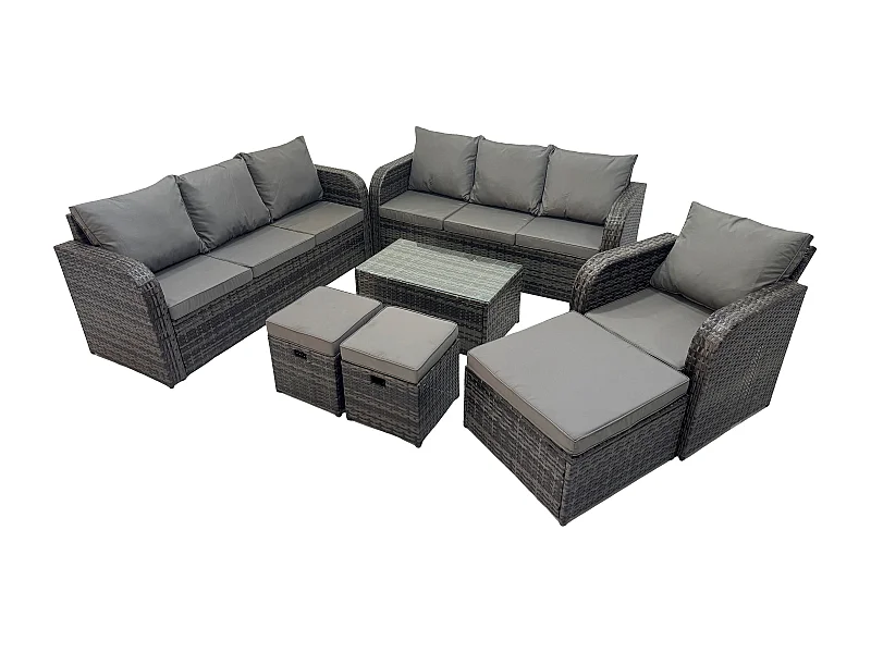 10-Sitzer Rattan Lounge Sofa Set Gartenmöbel-Set mit Rechteckiger Couchtisch 3-Sitzer Sofa 3 Hockern Dunkelgrau Gemischt