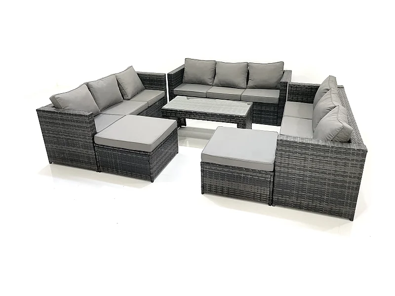 Ensemble de meubles de jardin en polyrotin 6 Pièces avec Table basse carrée 2 Grand tabourets Gris foncé mixte