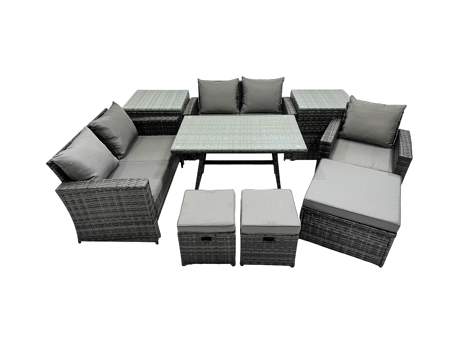 Garten Esstisch Set Polyrattan Outdoor Möbel Sofa mit Rechteckiger Esstisch Doppelsitz Sofa 2 Beistelltischen 3 Hockern Dunkelgrau Gemischt