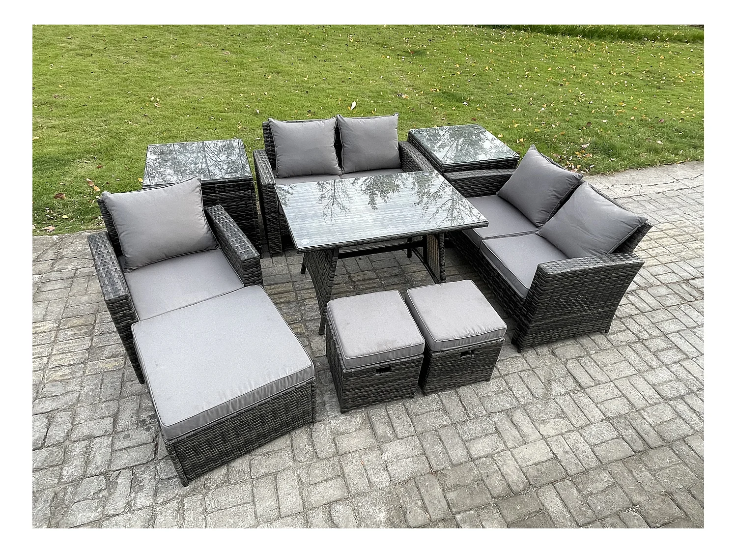 Garten Esstisch Set Polyrattan Outdoor Möbel Sofa mit Rechteckiger Esstisch Doppelsitz Sofa 2 Beistelltischen 3 Hockern Dunkelgrau Gemischt