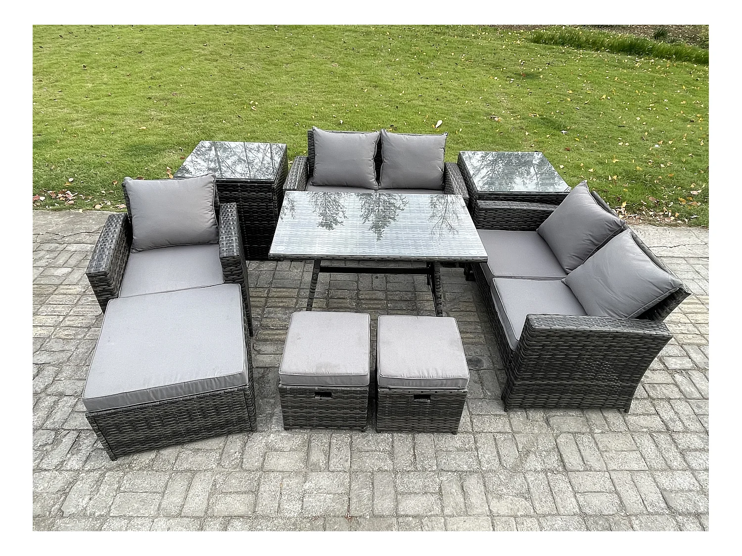 Garten Esstisch Set Polyrattan Outdoor Möbel Sofa mit Rechteckiger Esstisch Doppelsitz Sofa 2 Beistelltischen 3 Hockern Dunkelgrau Gemischt