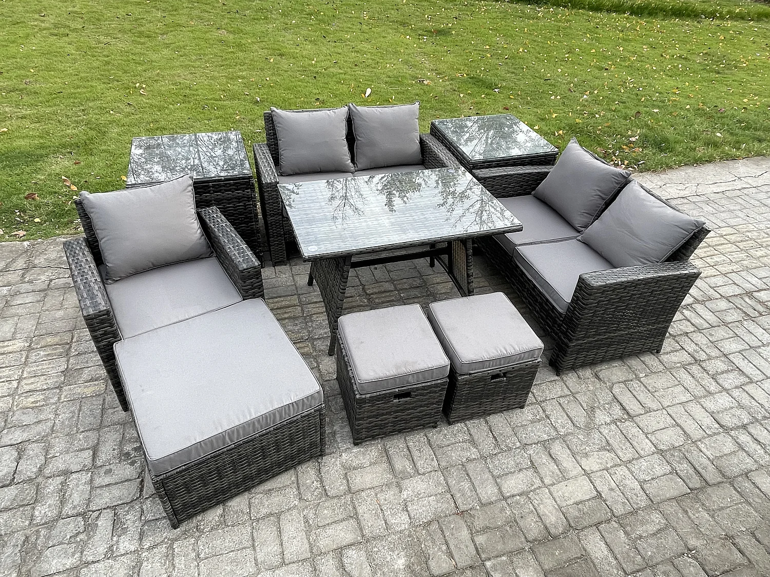 Garten Esstisch Set Polyrattan Outdoor Möbel Sofa mit Rechteckiger Esstisch Doppelsitz Sofa 2 Beistelltischen 3 Hockern Dunkelgrau Gemischt