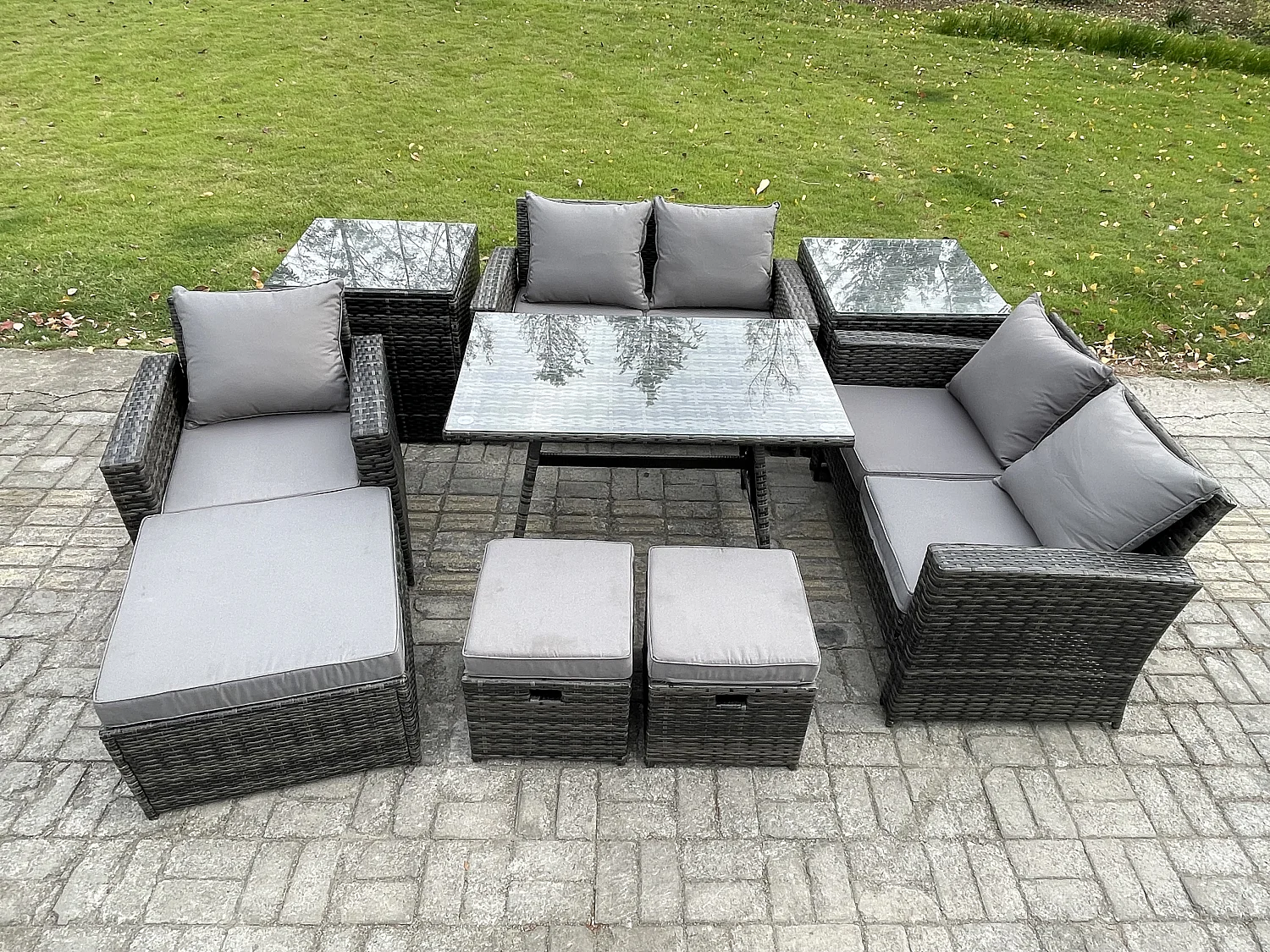Garten Esstisch Set Polyrattan Outdoor Möbel Sofa mit Rechteckiger Esstisch Doppelsitz Sofa 2 Beistelltischen 3 Hockern Dunkelgrau Gemischt