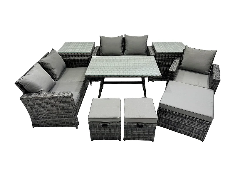 Garten Esstisch Set Polyrattan Outdoor Möbel Sofa mit Rechteckiger Esstisch Doppelsitz Sofa 2 Beistelltischen 3 Hockern Dunkelgrau Gemischt