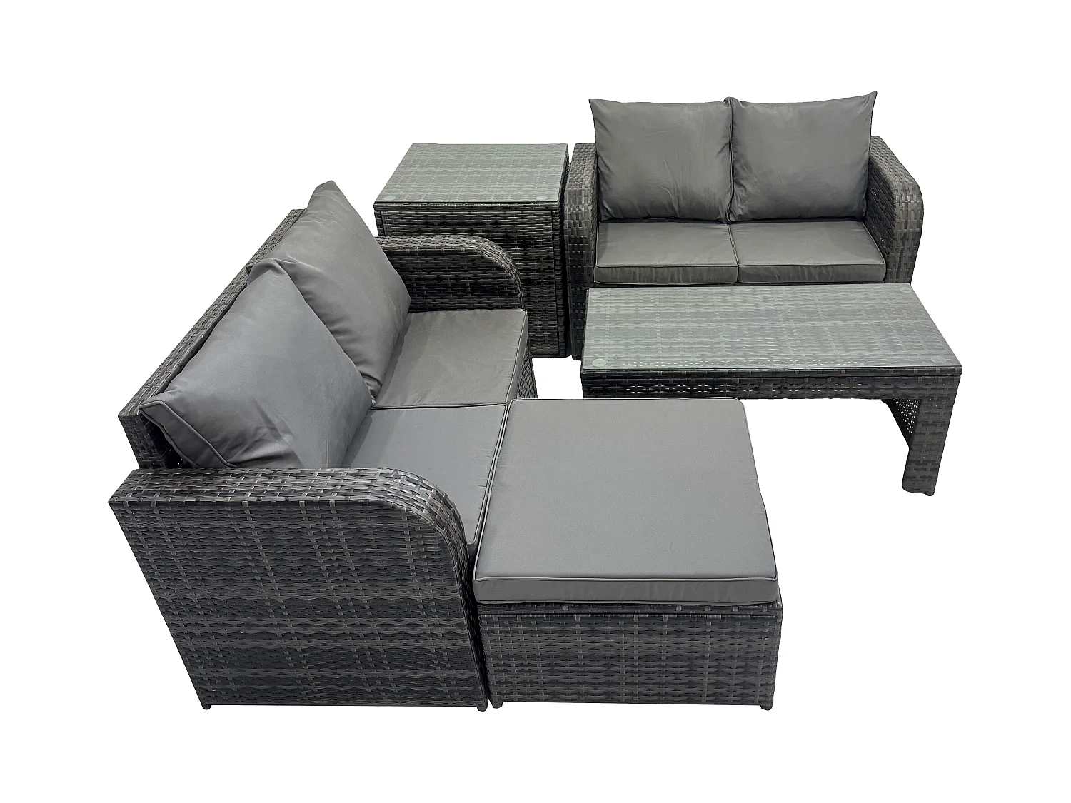 Hoher Rücken Polyrattan Gartenmöbel Set mit Loveseat Sofa Rechteckiger Couchtisch 2 Großer Hockern Beistelltisch Garten Lounge Set Dunkelgrau Gemischt