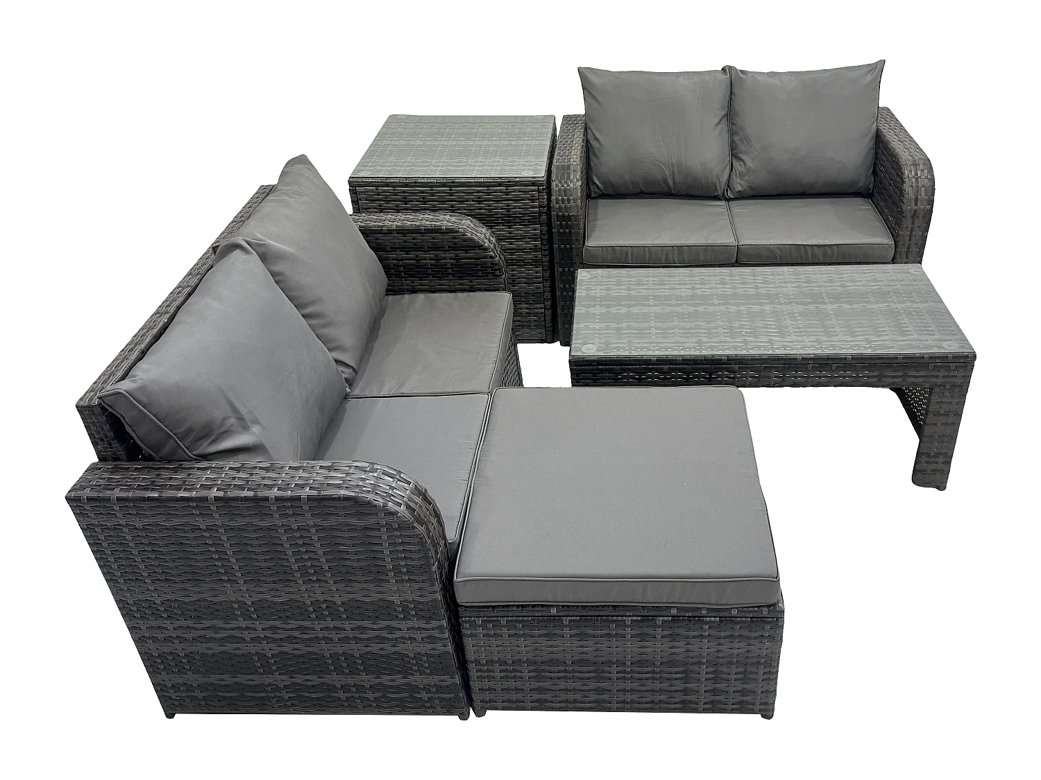 Hoher Rücken Polyrattan Gartenmöbel Set mit Loveseat Sofa Rechteckiger Couchtisch 2 Großer Hockern Beistelltisch Garten Lounge Set Dunkelgrau Gemischt