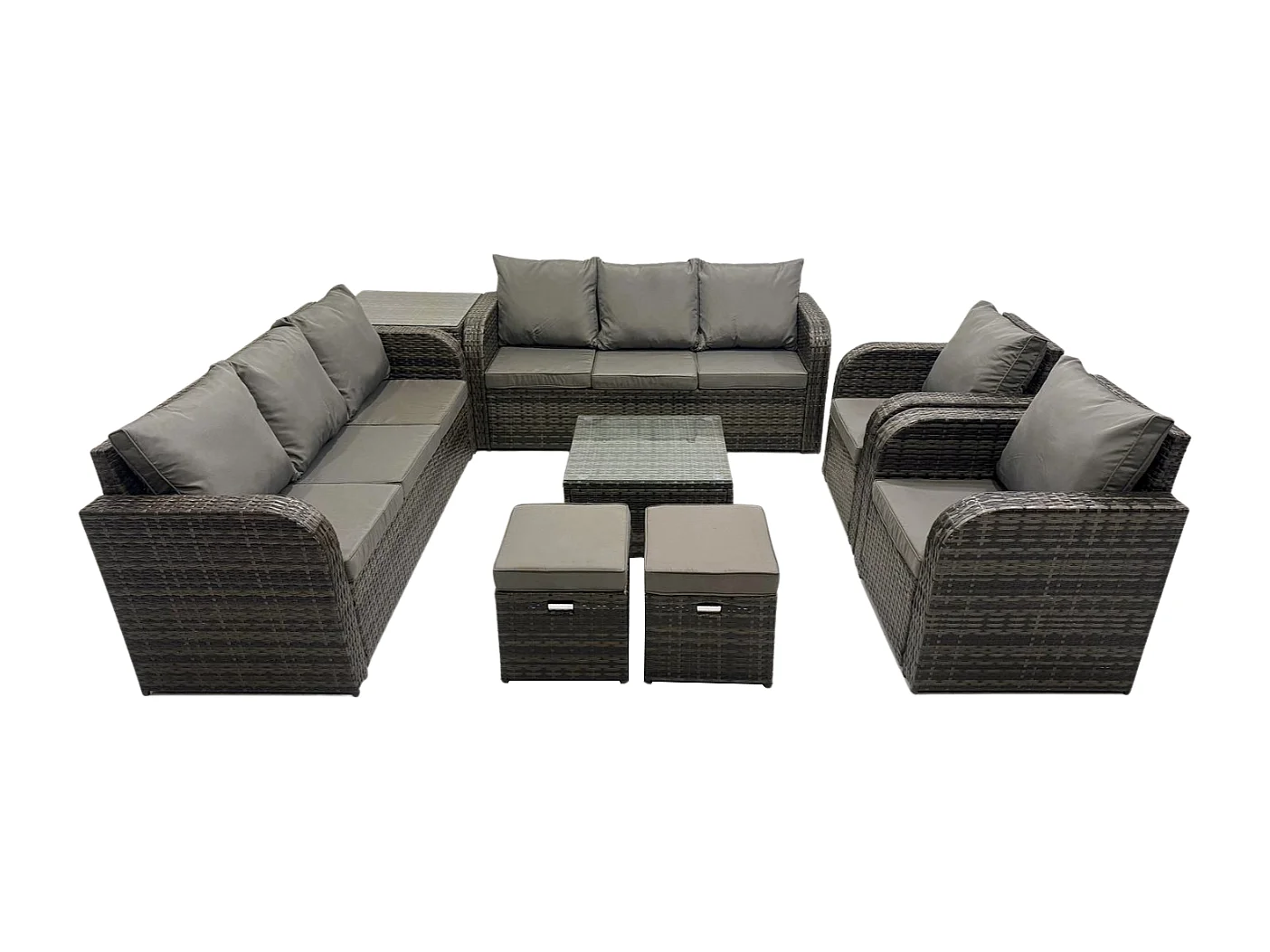 Dossier haut Salon de jardin avec Table basse carrée Table d'appoint 2 Petits tabourets Ensemble de canapés en rotin Gris foncé mixte