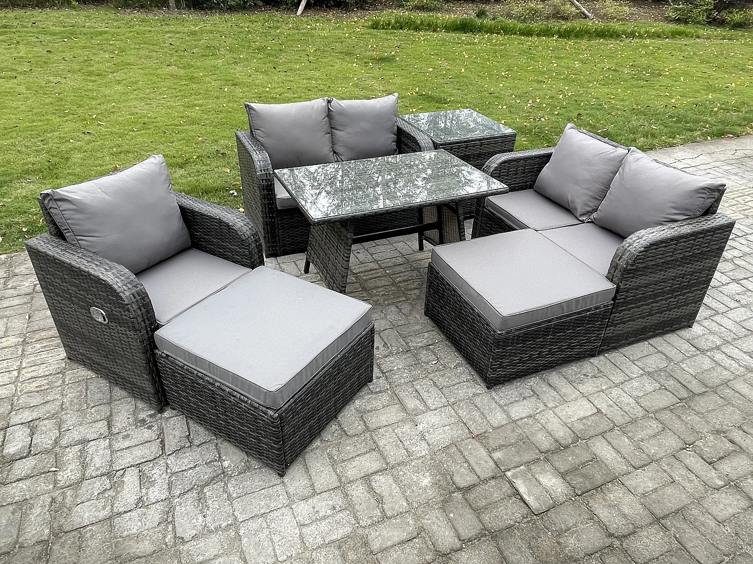 7-Sitzer Polyrattan Gartenmöbel Set mit Esstisch Sesseln Love Sofa 2 hohen Hockern Beistelltisch Dunkelgrau Gemischt