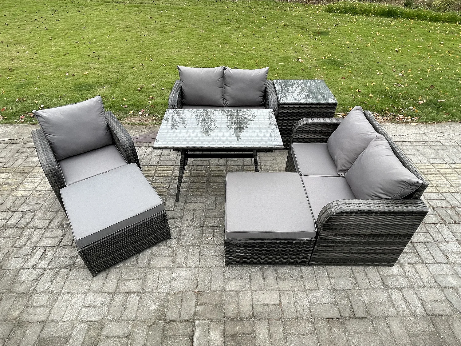 7-Sitzer Polyrattan Gartenmöbel Set mit Esstisch Sesseln Love Sofa 2 hohen Hockern Beistelltisch Dunkelgrau Gemischt