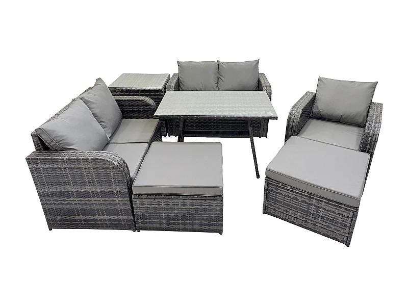 7-Sitzer Polyrattan Gartenmöbel Set mit Esstisch Sesseln Love Sofa 2 hohen Hockern Beistelltisch Dunkelgrau Gemischt