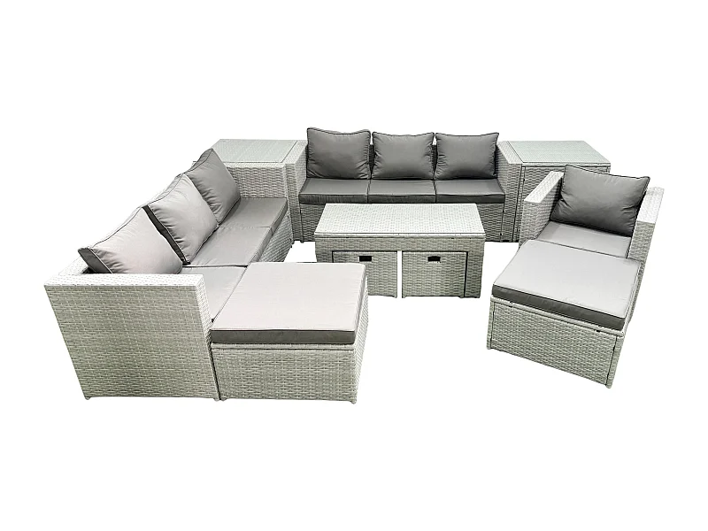 Salon de Jardin Ensemble avec Coussins gris 11 places avec Table basse et 2 Tables d'appoint