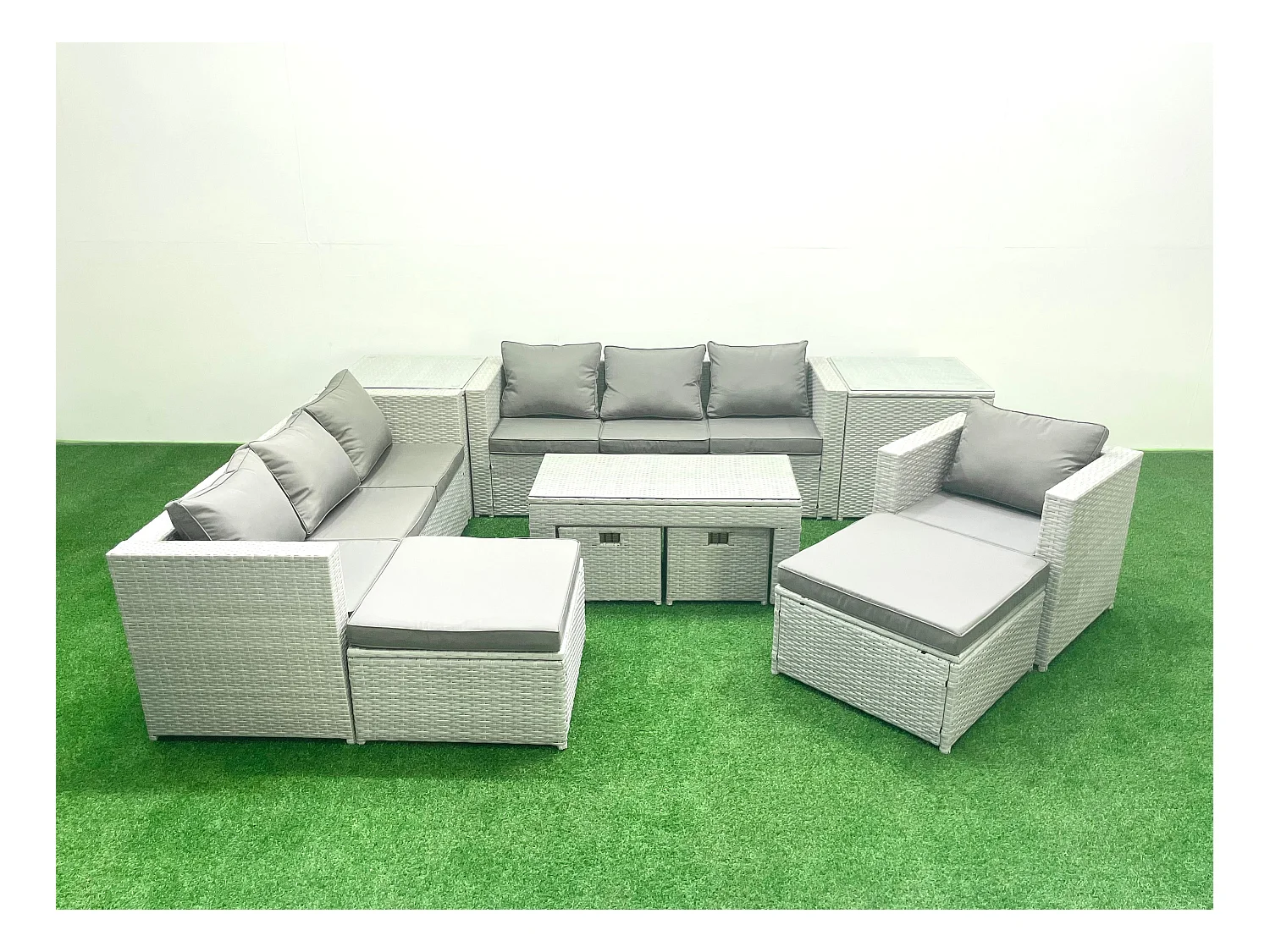 Salon de Jardin Ensemble avec Coussins gris 11 places avec Table basse et 2 Tables d'appoint