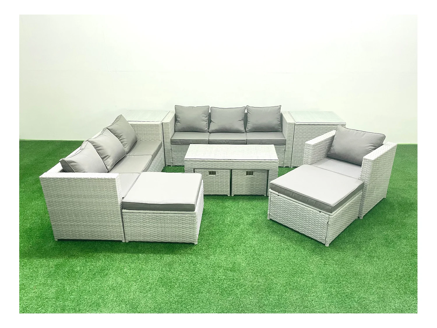 Salon de Jardin Ensemble avec Coussins gris 11 places avec Table basse et 2 Tables d'appoint