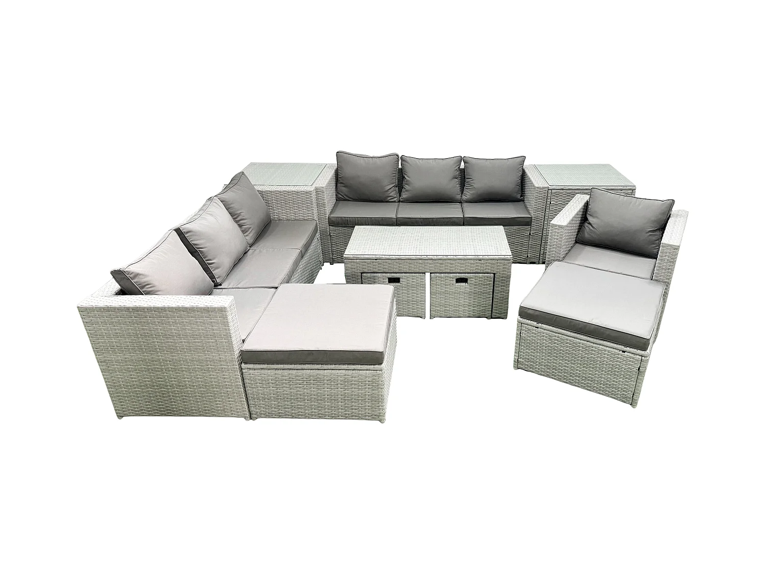 Polyrattan Gartenmöbelset mit Graue Kissen 11-Sitzer mit Couchtisch und 2 Beistelltischen
