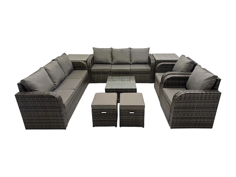 Hoher Rücken Polyrattan Gartenmöbel Set mit Quadratischer Couchtisch 2 kleine Fußhockern 2 Beistelltischen Garten Lounge Set Dunkelgrau Gemischt