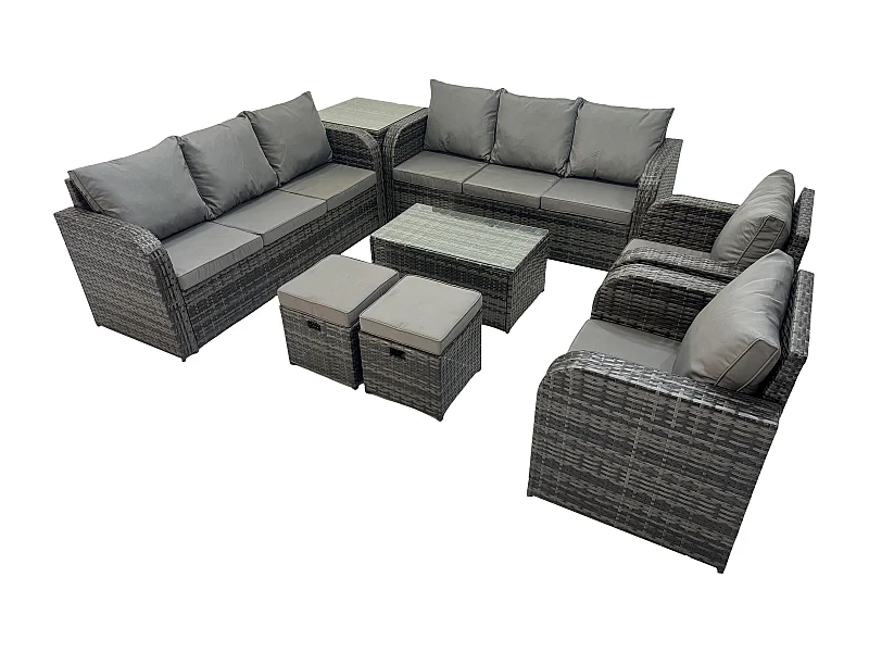 Rattan Gartenmöbel Sofa Set Tisch & Stühle Set mit 3-Sitzer Sofa Liegestühle Beistelltisch 2 kleine Fußhockern Dunkelgrau Gemischt