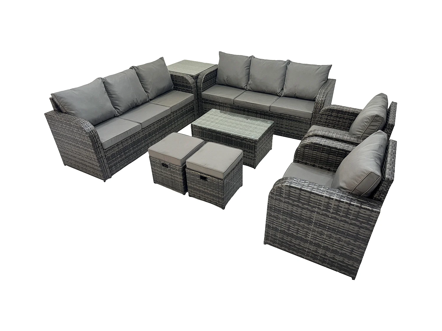 Rattan Gartenmöbel Sofa Set Tisch & Stühle Set mit 3-Sitzer Sofa Liegestühle Beistelltisch 2 kleine Fußhockern Dunkelgrau Gemischt