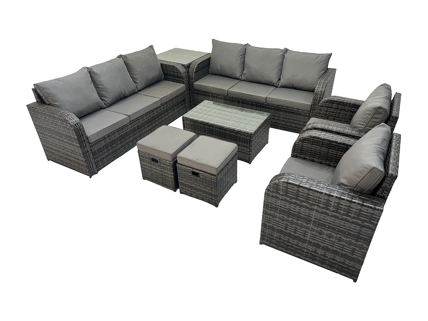 Rattan Gartenmöbel Sofa Set Tisch & Stühle Set mit 3-Sitzer Sofa Liegestühle Beistelltisch 2 kleine Fußhockern Dunkelgrau Gemischt