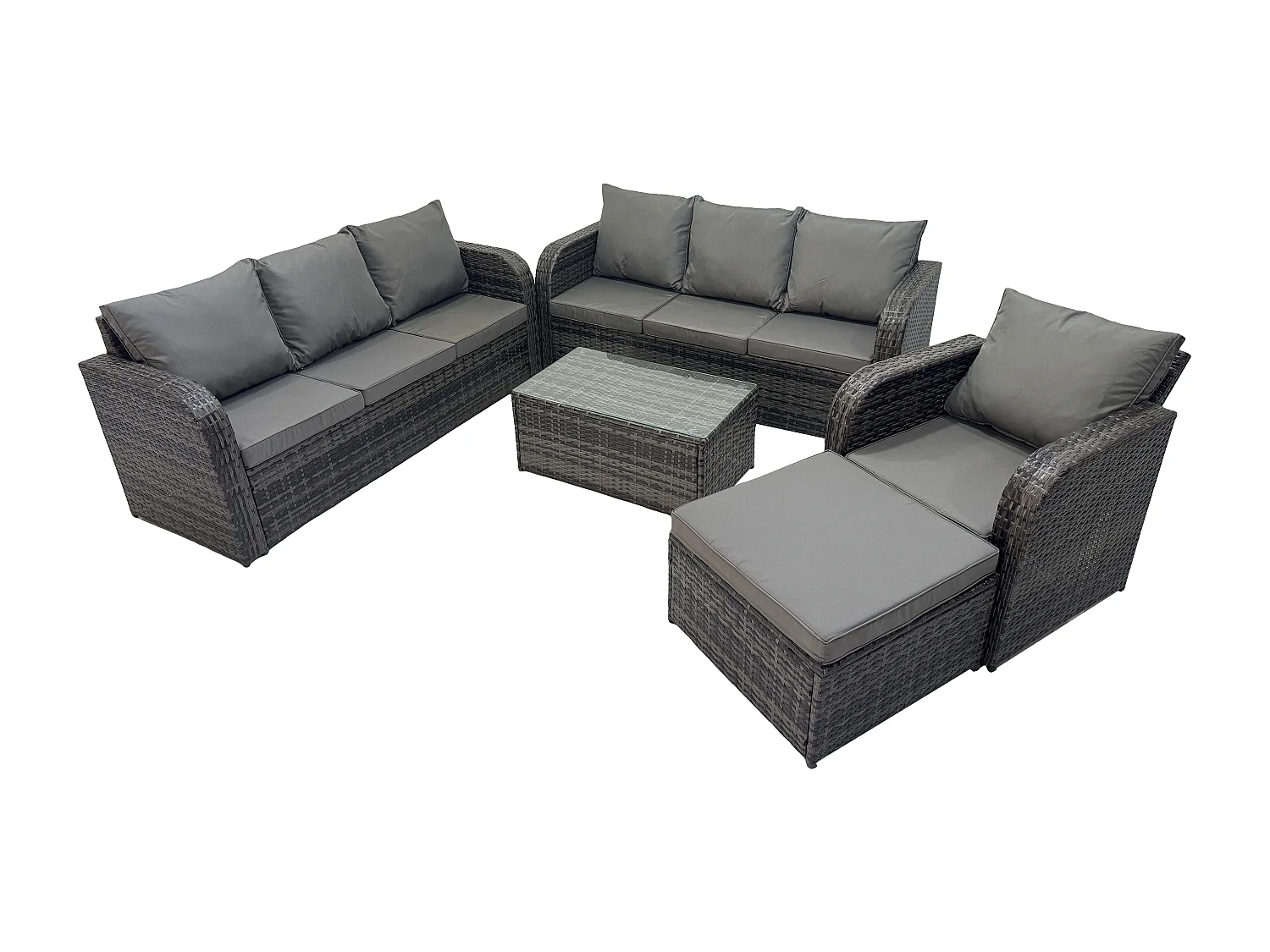 8-Sitzer Rattan Gartenmöbel Sofa Set Tisch & Stühle Set mit 3-Sitzer Sofa Liegestühle 3-Sitzer Sofa 2 Großer Hockern Dunkelgrau Gemischt