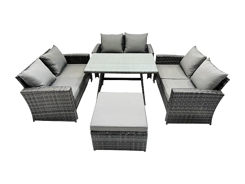 7-Sitzer Hoher Rücken Rattan Gartenmöbel Sets mit Rechteckiger Esstisch Loveseat Sofa 2 Großer Hockern