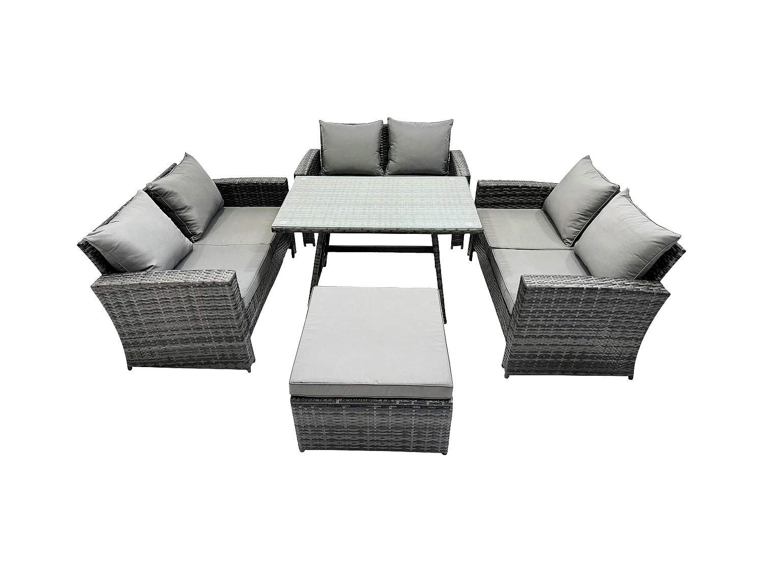 7-Sitzer Hoher Rücken Rattan Gartenmöbel Sets mit Rechteckiger Esstisch Loveseat Sofa 2 Großer Hockern