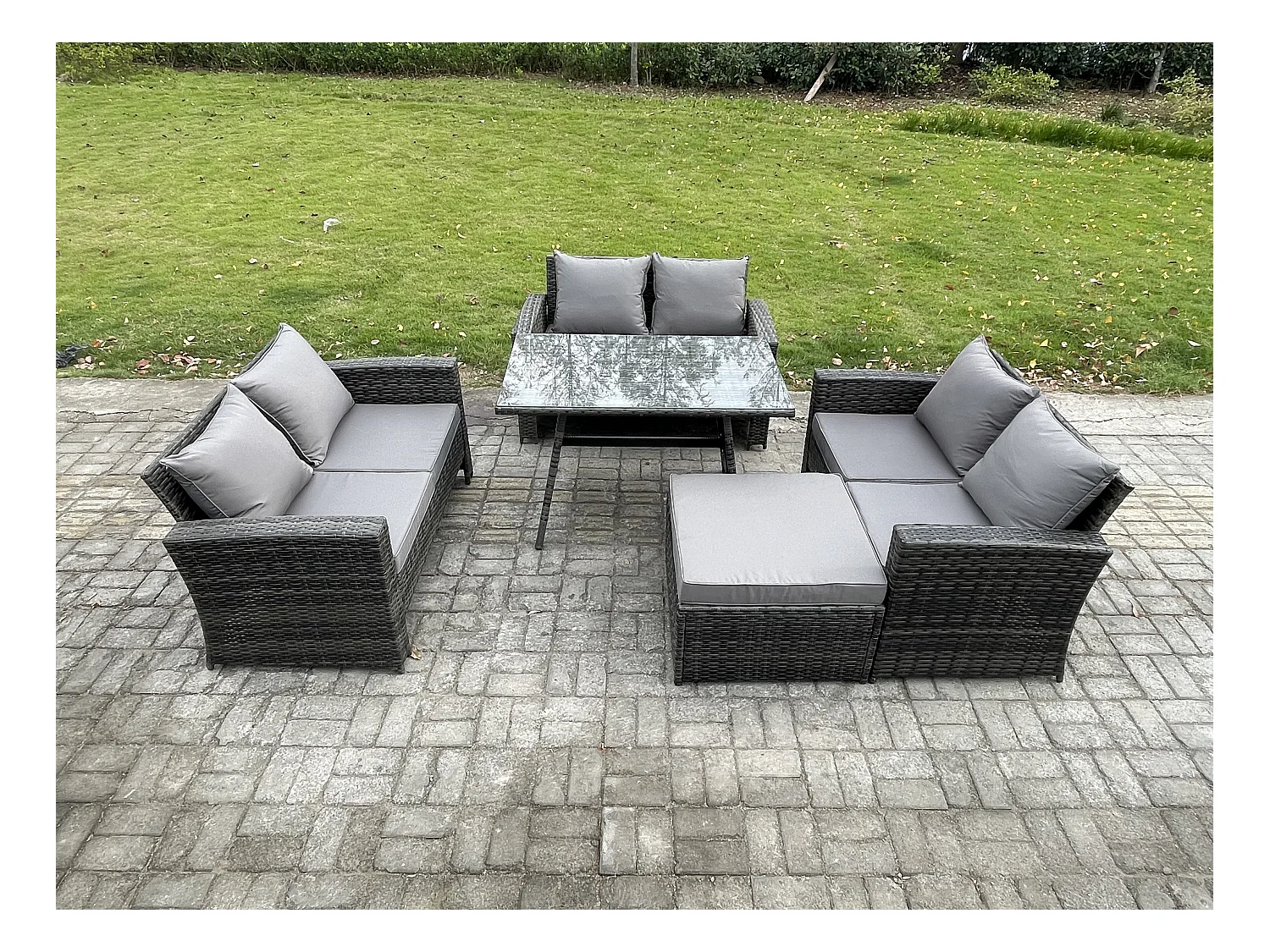 7-Sitzer Hoher Rücken Rattan Gartenmöbel Sets mit Rechteckiger Esstisch Loveseat Sofa 2 Großer Hockern