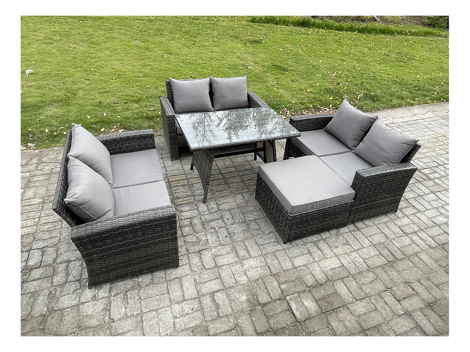 7-Sitzer Hoher Rücken Rattan Gartenmöbel Sets mit Rechteckiger Esstisch Loveseat Sofa 2 Großer Hockern