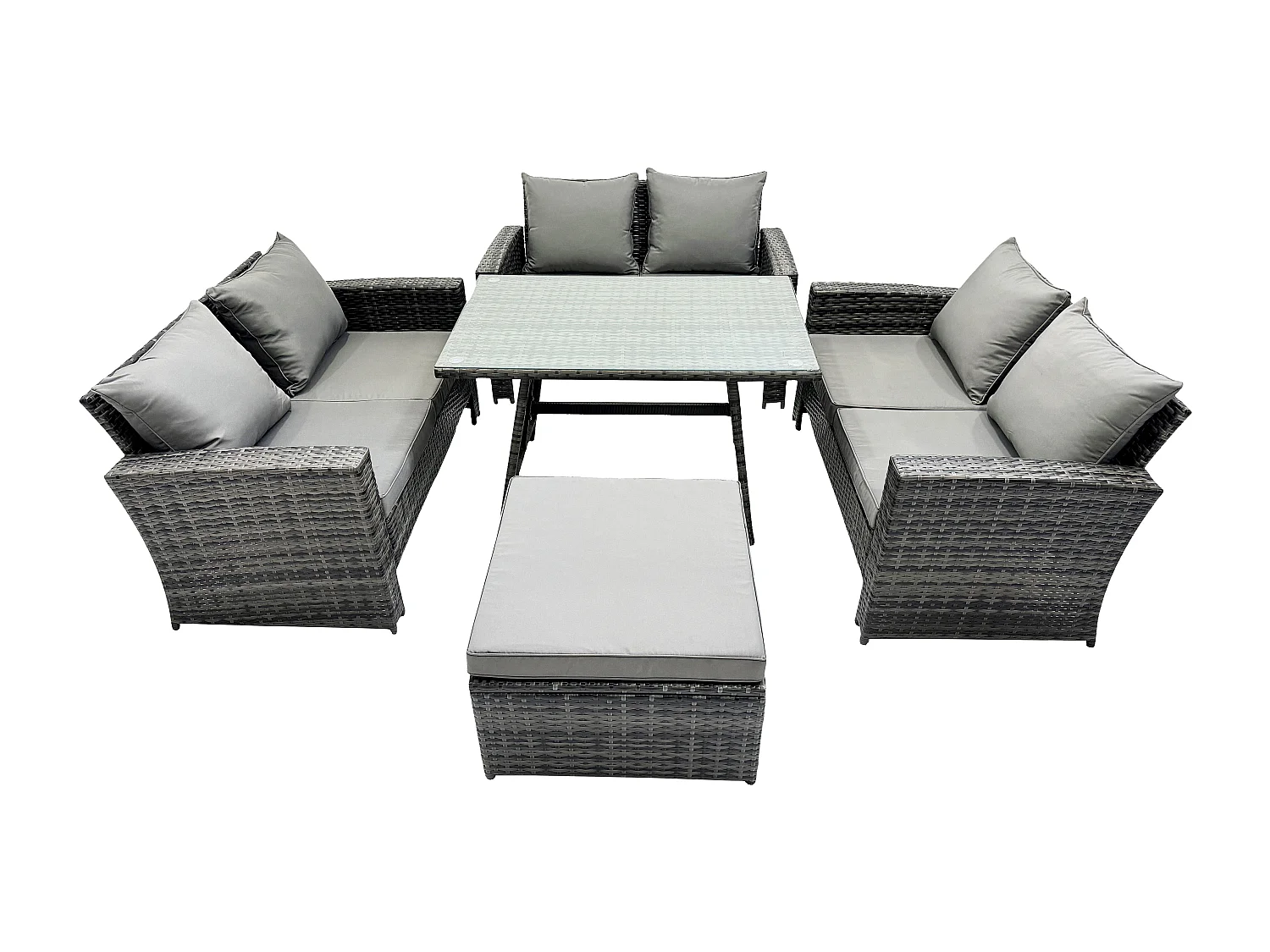 7 places Ensemble de Meubles de Jardin avec Table à manger rectangulaire Canapé à deux places Grand tabouret