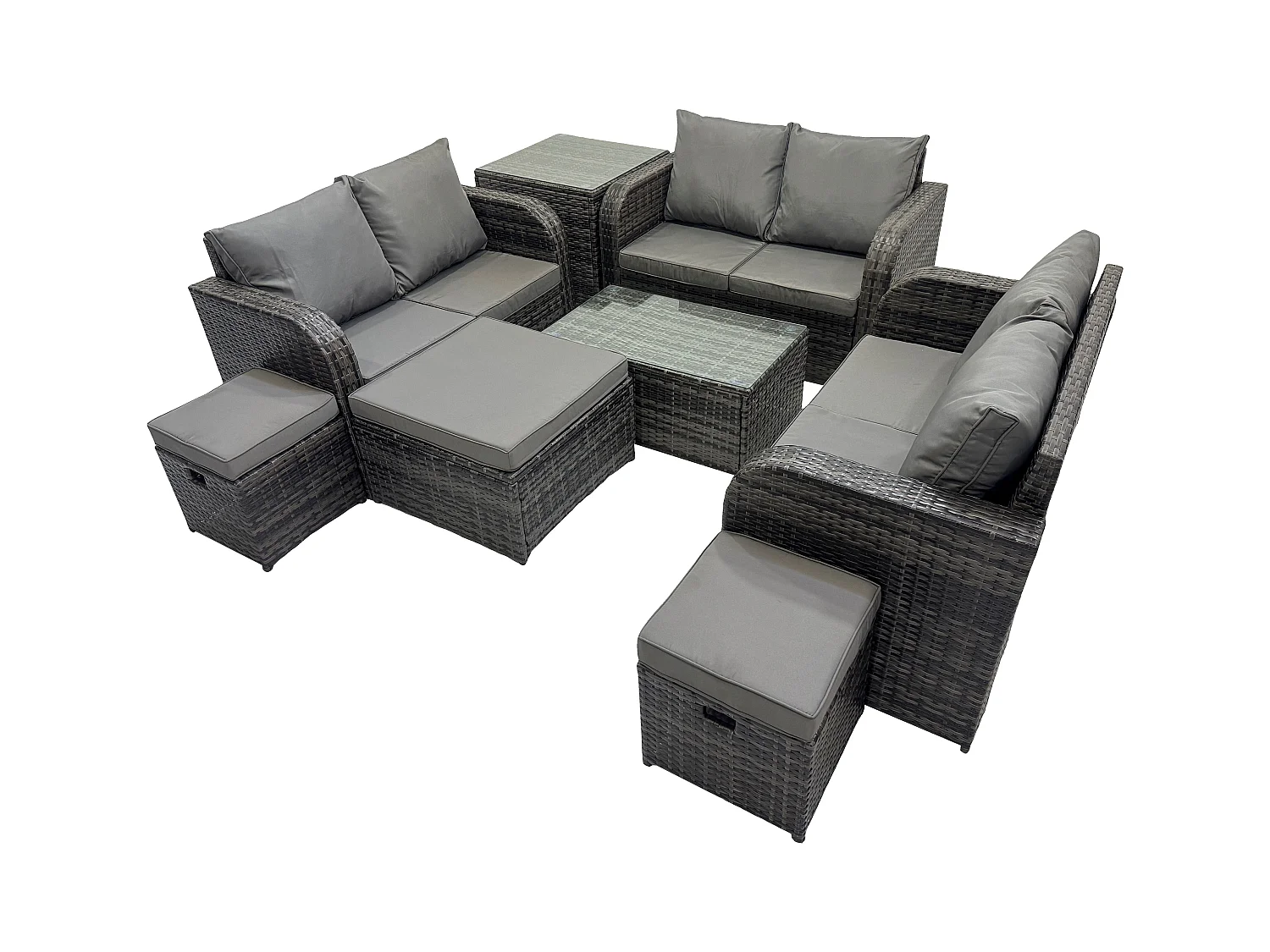 Gartenmöbel-Sets 9-Sitzer Polyrattan Möbel Sofa Sets mit Rechteckiger Couchtisch Love Sofa 3 Hockern Beistelltisch Dunkelgrau Gemischt