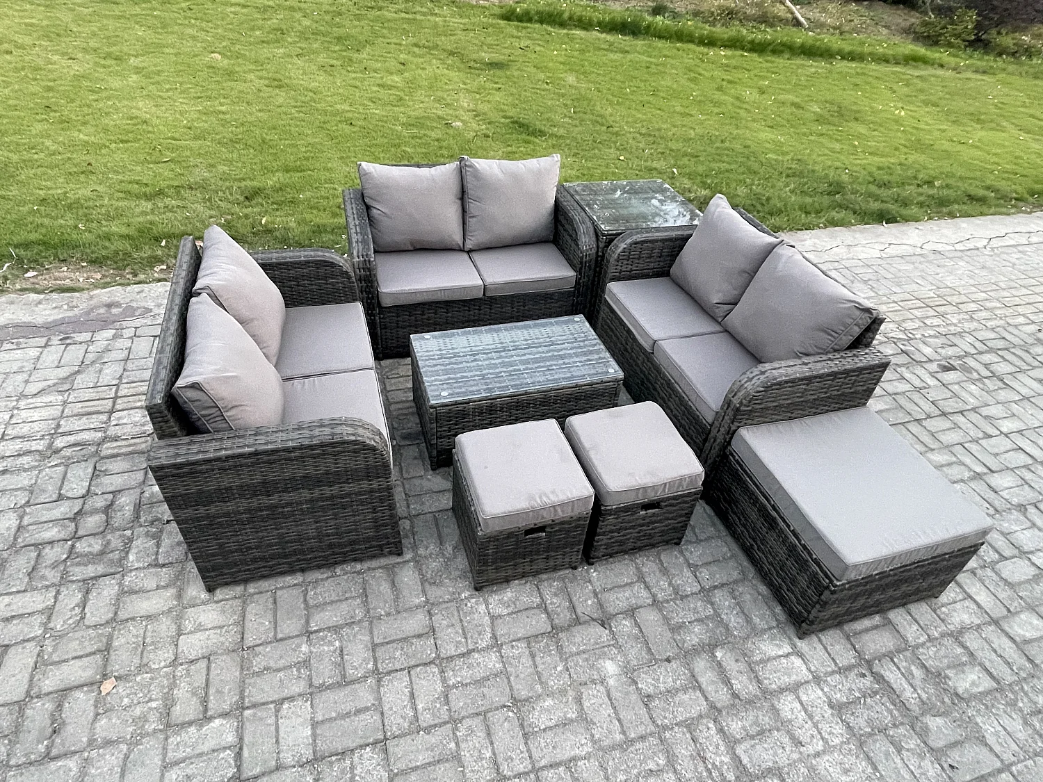 Ensemble de meubles de jardin en polyrotin 9 places avec Table basse rectangulaire Canapé d'amour 3 Tabourets Table d'appoint Gris foncé mixte